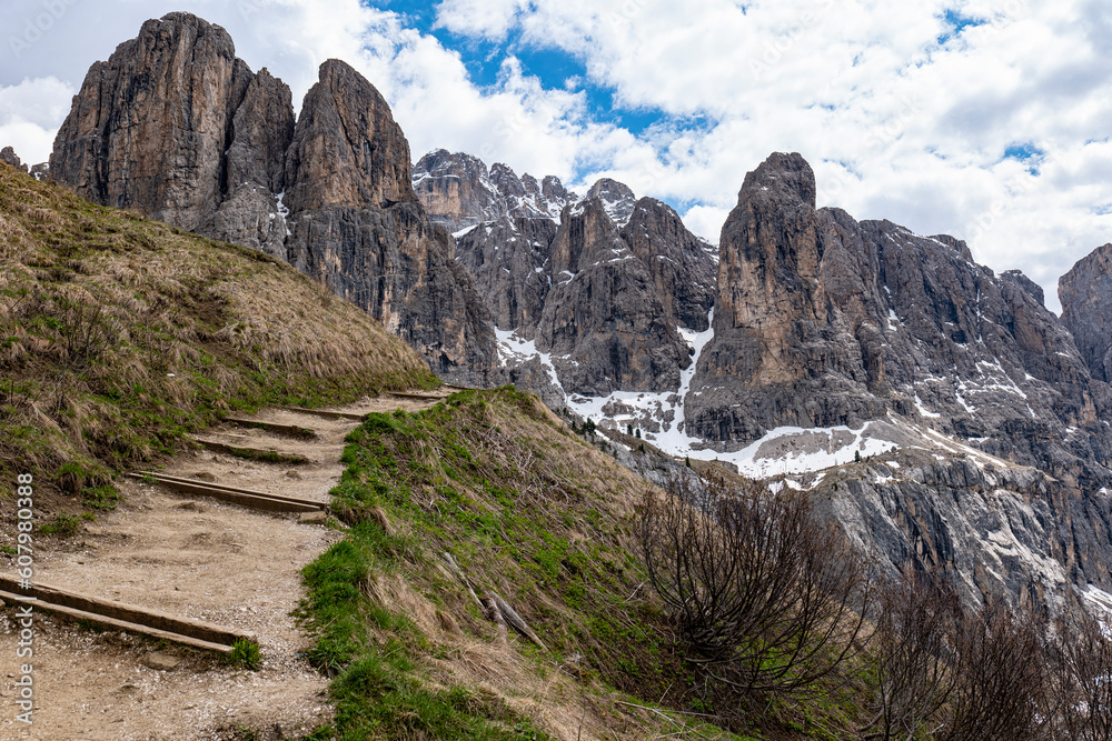 Trekking path on Mount Sella in the dolomites Trekking path on Mount Sella in the dolomites