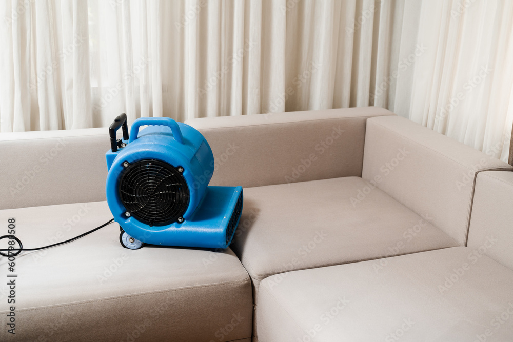 Floor dryer blower fan machine drying wet couch after dry cleaning of