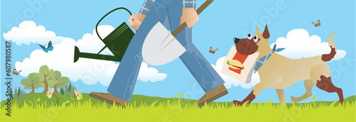 Vector illustration of a farmer going to his field, dog follows him