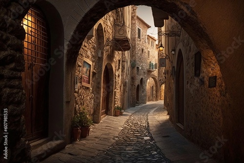 small cobblestone street between mediterranean style buildings created with Generative AI technology © StockMedia