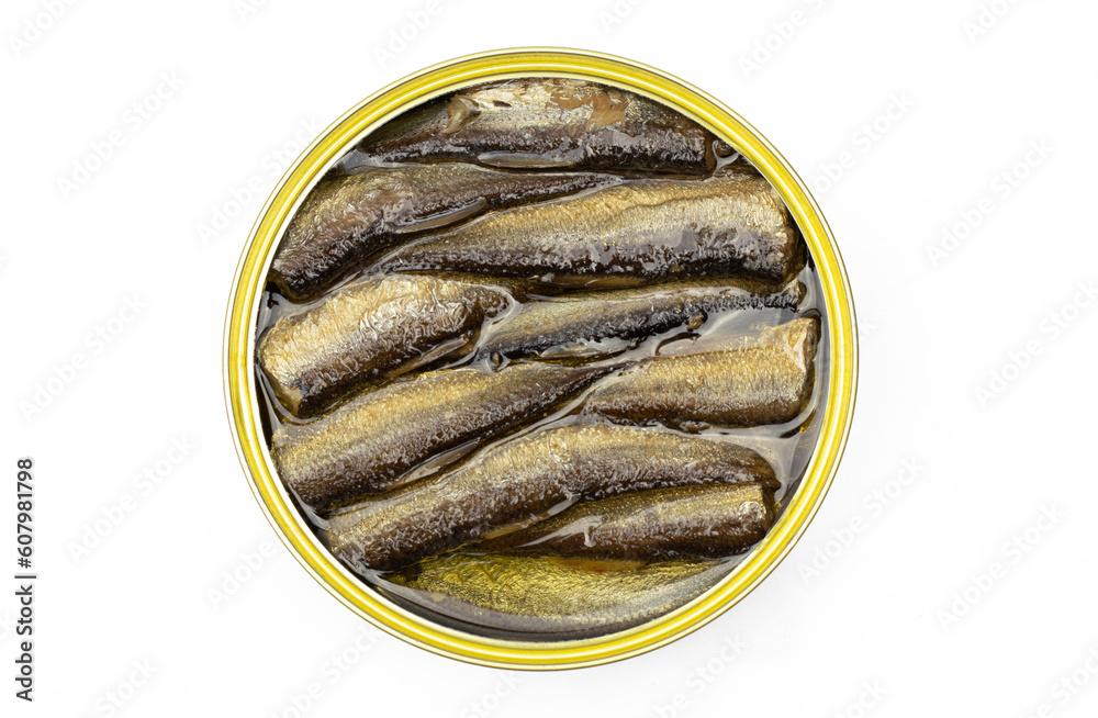 Sardines in oil opened round metal can isolated on white background Sardines in oil opened round metal can isolated on white background
