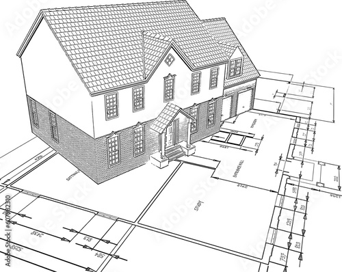 Sketched style illustration of a house on plans