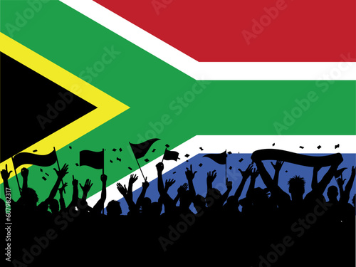 Silhouette of a football crowd on a South African flag background