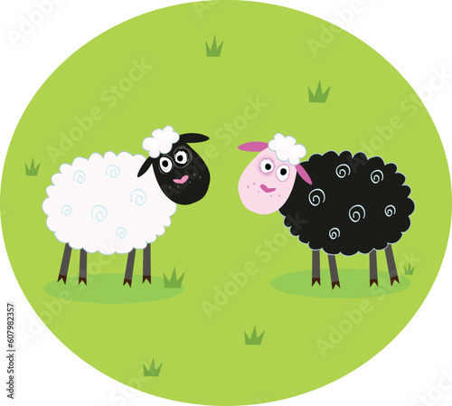 The difference - oposite sheep, black and white. Stylized vector cartoon Illustration.