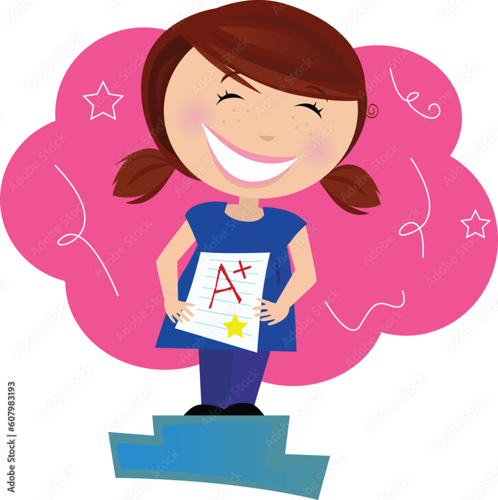 School superstar! Small school girl holding up test and dreaming about School superstar! Small school girl holding up test and dreaming about