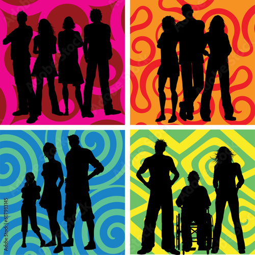Silhouettes of groups of people on abstract backgrounds