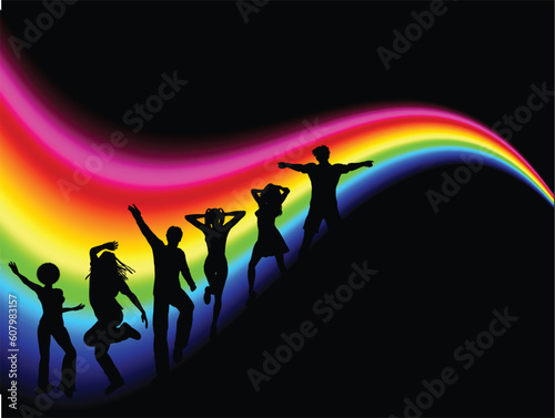 Silhouettes of funky people dancing on rainbow coloured background