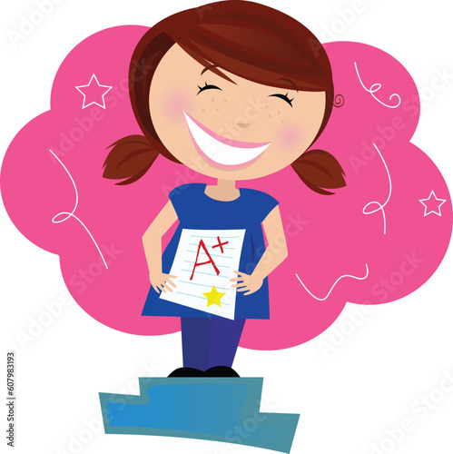 School superstar! Small school girl holding up test and dreaming about "A plus" grade.