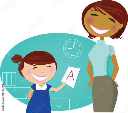 Small girl showing good grade to her mother / teacher / aunt. Stylized vector cartoon illustration.