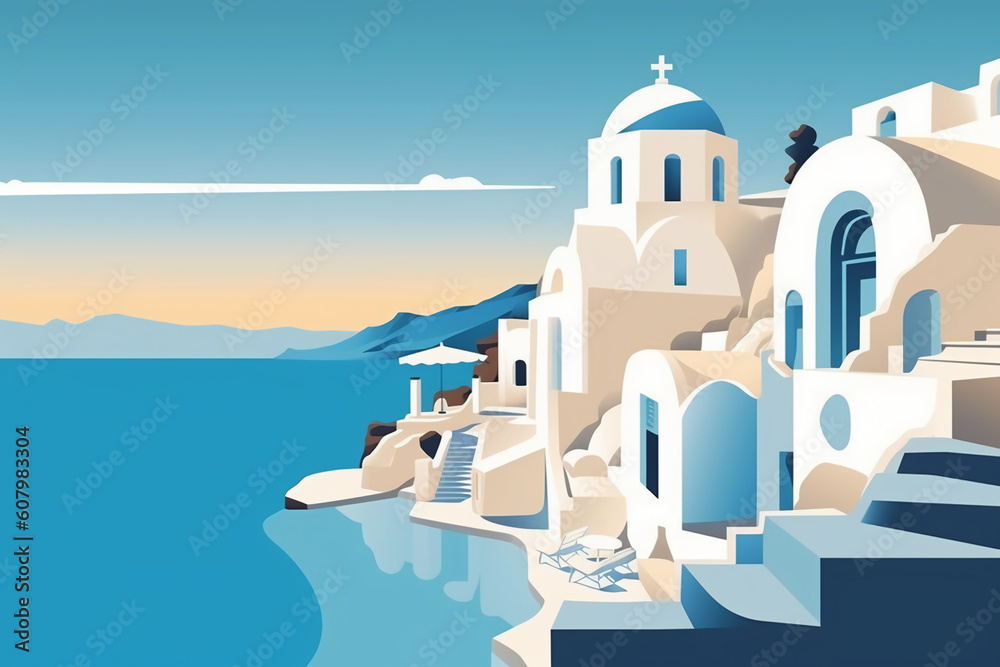 Minimalist, flat design, poster, santorini landscape, stunning, summer, blue sea. AI generative Minimalist, flat design, poster, santorini landscape, stunning, summer, blue sea. AI generative