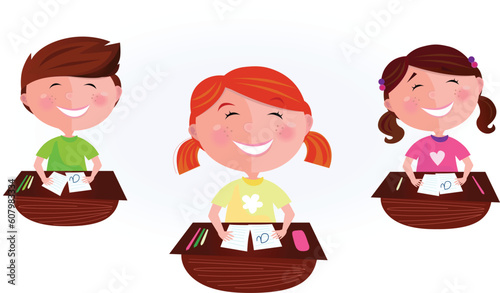 School is fun! Happy Boy and two girls sitting  in school classroom. Stylized vector cartoon illustration of classmates.