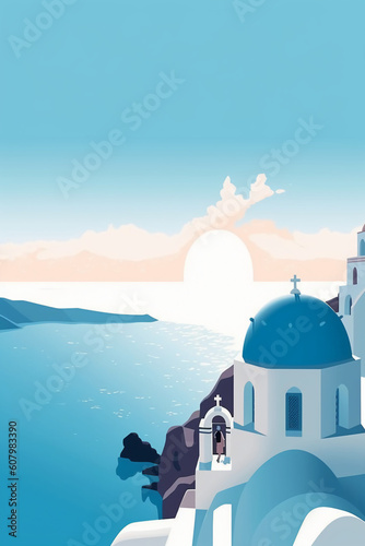 Minimalist, flat design, poster, santorini landscape, stunning, summer, blue sea. AI generative