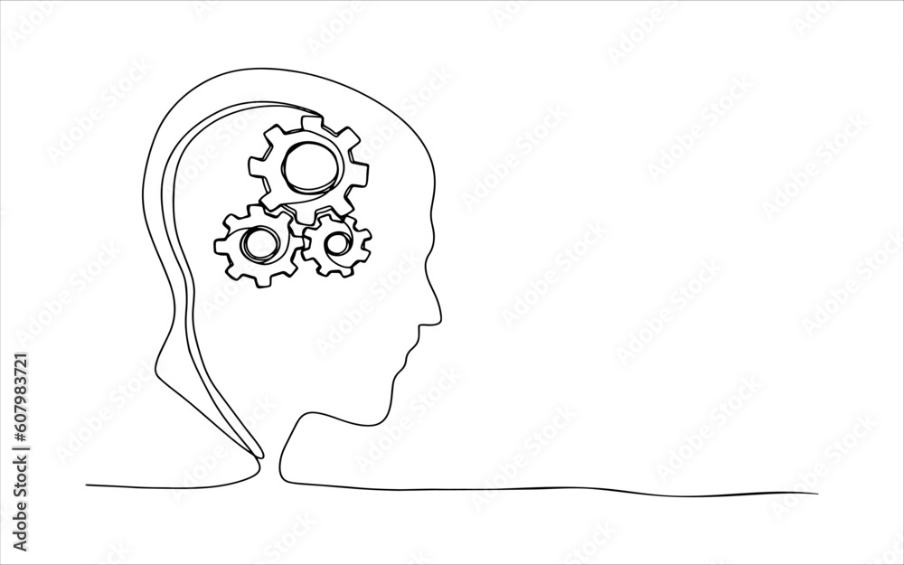 Head of a man with gears inside, drawn in one line on a white background. One-line drawing of logic, mind, thinking. Continuous line. Vector illustration.