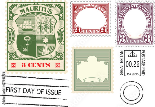 set of old postage stamps and  blank stamp template