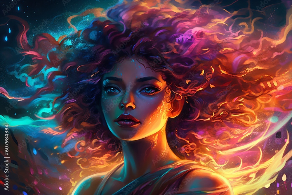illustration of a beautiful young woman with flowing curls created with Generative AI technology