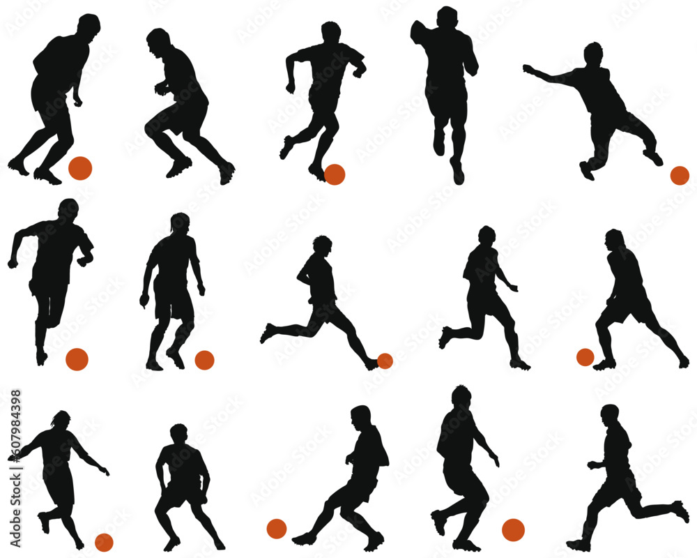 Collection of different football (soccer) silhouettes. Vector illustration.
