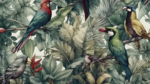 Tropical birds in a jungle watercolour wallpaper background