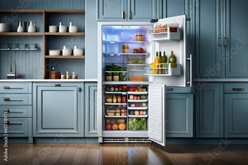 an open refrigerator filled with lots of different types of food and drinks in it's door, with a shelf full of fruits and vegetables