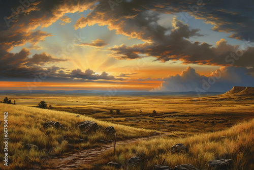 A realistic painting of a prairie in the land of living skies. AI generative