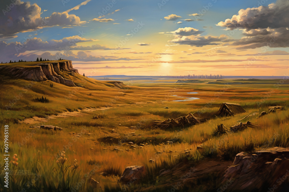 A realistic painting of a prairie in the land of living skies. AI generative