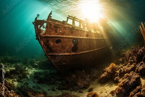 rusty shipwreck in the middle of corals created with Generative AI technology © StockMedia
