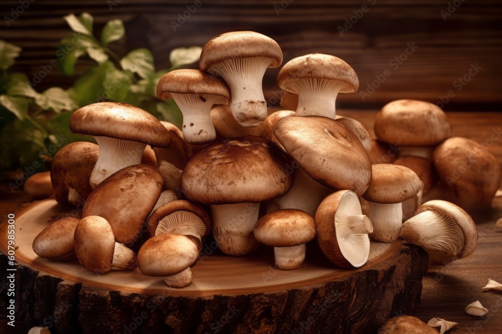 An image featuring a selection of freshly harvested mushrooms arranged neatly on a rustic wooden cutting board, highlighting their earthy texture and rich color. Generative AI An image featuring a selection of freshly harvested mushrooms arranged neatly on a rustic wooden cutting board, highlighting their earthy texture and rich color. Generative AI