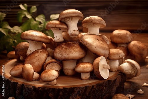 An image featuring a selection of freshly harvested mushrooms arranged neatly on a rustic wooden cutting board, highlighting their earthy texture and rich color. Generative AI