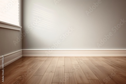 Empty room with wooden floor and white wall. 3d rendering style  empty space. molding  baseboard. window light. Created with generative AI