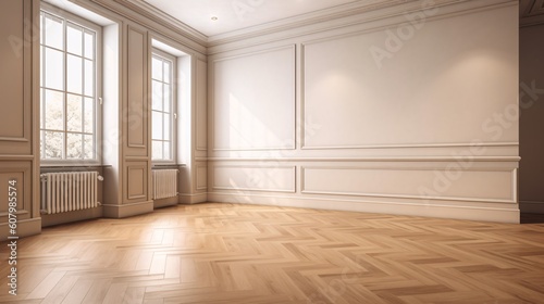 Empty room with white wall and wooden floor. Baseboard and molding on walls. Created with generative AI