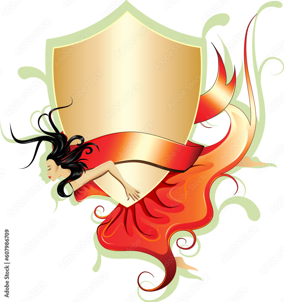 Vector illustration of woman flying with shield and banner with copy space for your text,brand name etc. Vector illustration of woman flying with shield and banner with copy space for your text,brand name etc.