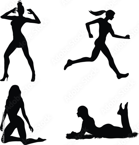 Vector silhouettes of woman on various action