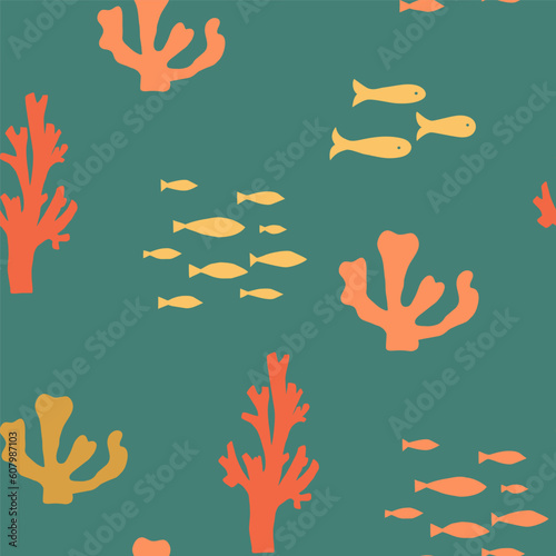 Cute undersea repeat, ocean, underwater coral reefs and fishes vector seamless pattern. Underwater Repeat 