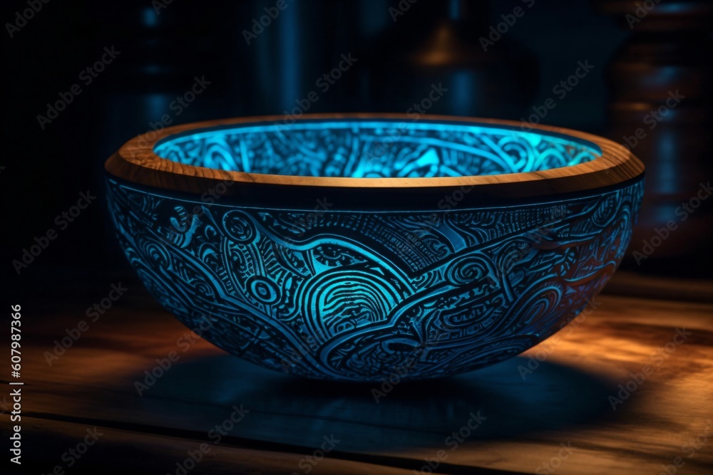 wooden salad bowl with blue glowing pattern created with Generative AI technology wooden salad bowl with blue glowing pattern created with Generative AI technology