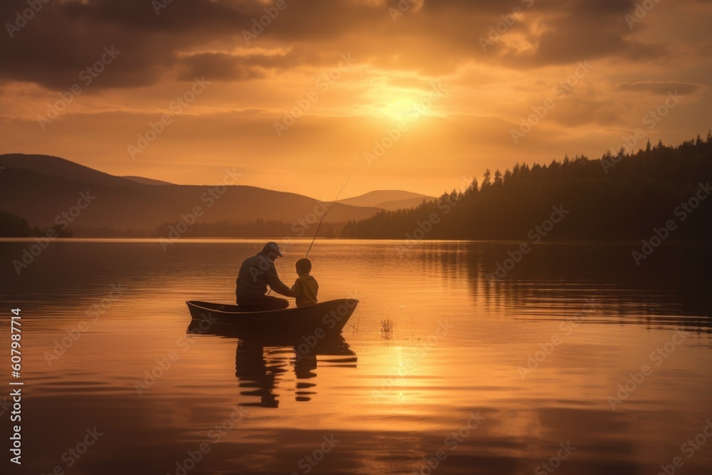 Father's Day. Son's day. Dad and child fishing together on a serene lakeside, with a beautiful sunset as the backdrop. Golden hour. Spending time together. Generative AI.