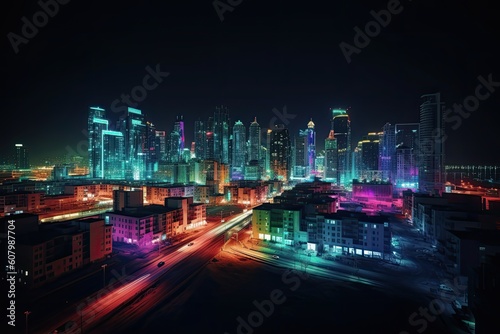 Futuristic and sustainable cityscape. City skyline at night with buildings. Smart city with wireless network connection. Wireless network and Connection technology. AI Generative.