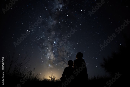 Father's Day. Son's day. Dad and child stargazing under a clear night sky. Family spending time together. Generative AI. photo