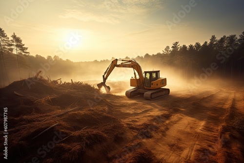 Deforestation, forest being clear-cut with logging machinery. Negative impact on forests, biodiversity loss, habitat destruction, environmental degradation caused by deforestation. AI Generative.