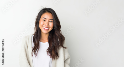 Lifestyle portrait photography of a satisfied woman in her 20s that is wearing a chic cardigan against a white background . Generative AI