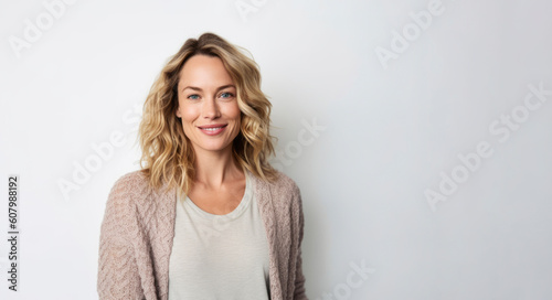 Medium shot portrait photography of a satisfied woman in her 30s that is wearing a chic cardigan against a white background . Generative AI
