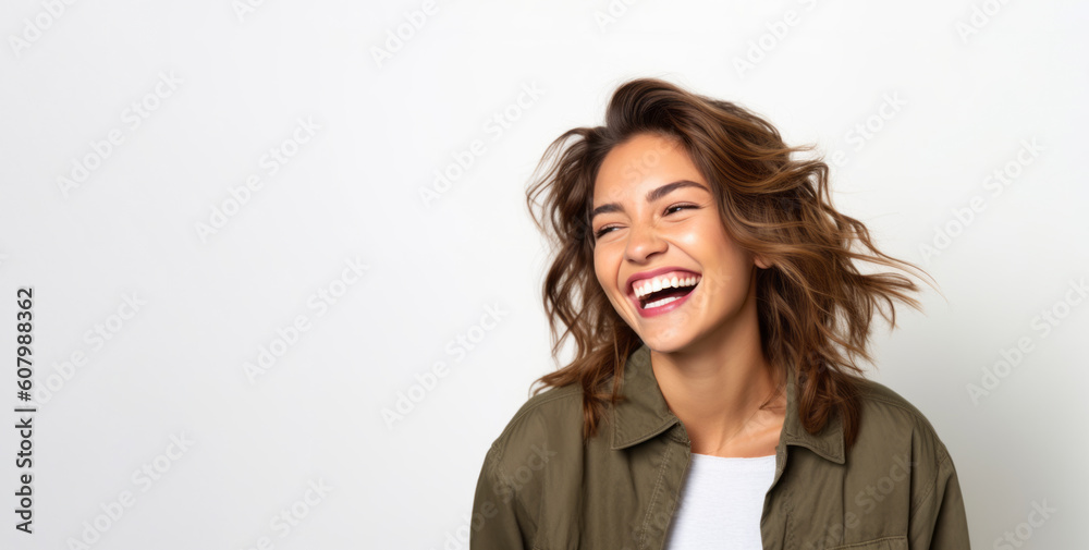 Portrait of a beautiful young woman laughing and looking at the camera Portrait of a beautiful young woman laughing and looking at the camera