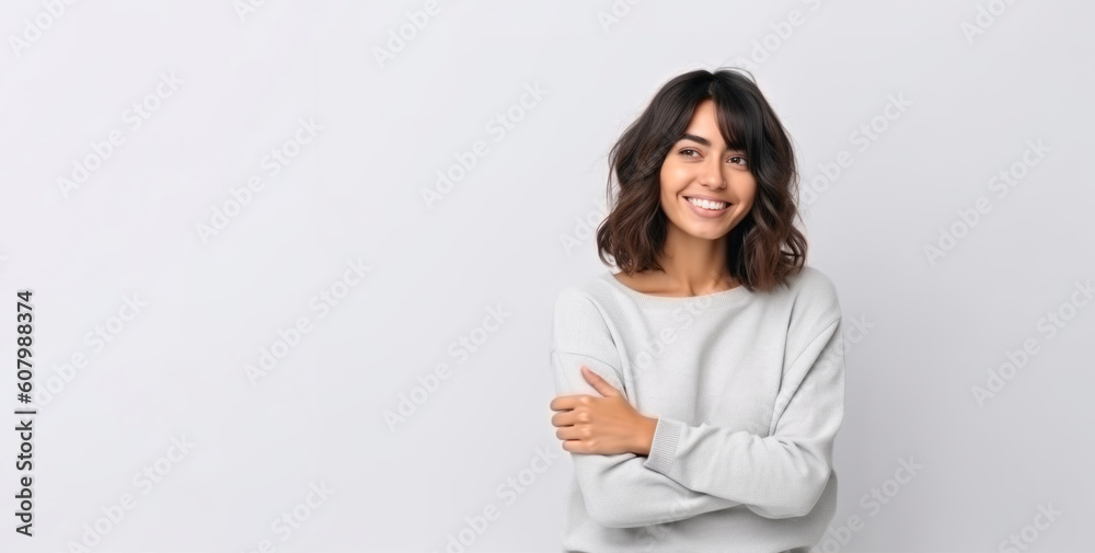 Medium shot portrait photography of a satisfied woman in her 30s that is placed against a white background . Generative AI Medium shot portrait photography of a satisfied woman in her 30s that is placed against a white background . Generative AI