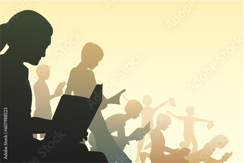 Editable vector illustration of children reading books