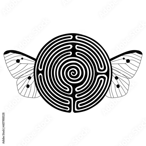 Round spiral maze or labyrinth symbol with butterfly wings. Flying target. Creative funny concept. Black and white silhouette.