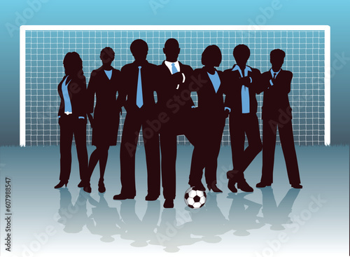 Editable vector illustration of a business team on a soccer pitch