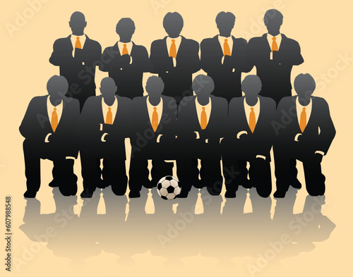 Editable vector illustration of businessmen posing as a soccer team