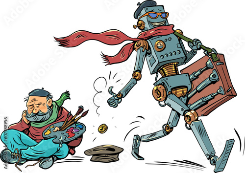 Artificial intelligence takes the work of artists. Robot artist tossing a coin to an unemployed human artist.