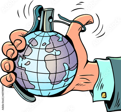 The threat to the world order. Military conflict leads to disaster. The peace of the planet depends on politics. A hand in a suit holds a grenade in the form of an earth.