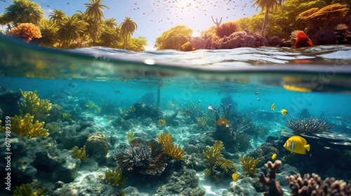 Fototapeta Naklejka Na Ścianę i Meble -  a coral reef with fish and trees. Generative AI Art.