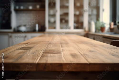 Kitchen table with out-of-focus display case, IA generativa