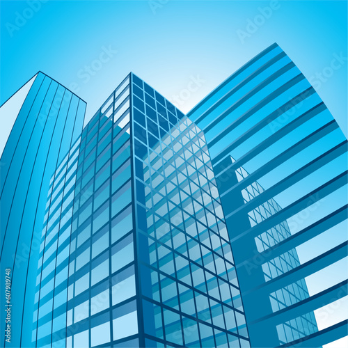 Glass and steel Skyscrapers with reflections under sunlight. Fish-eyed perspective. Vector Illustration.